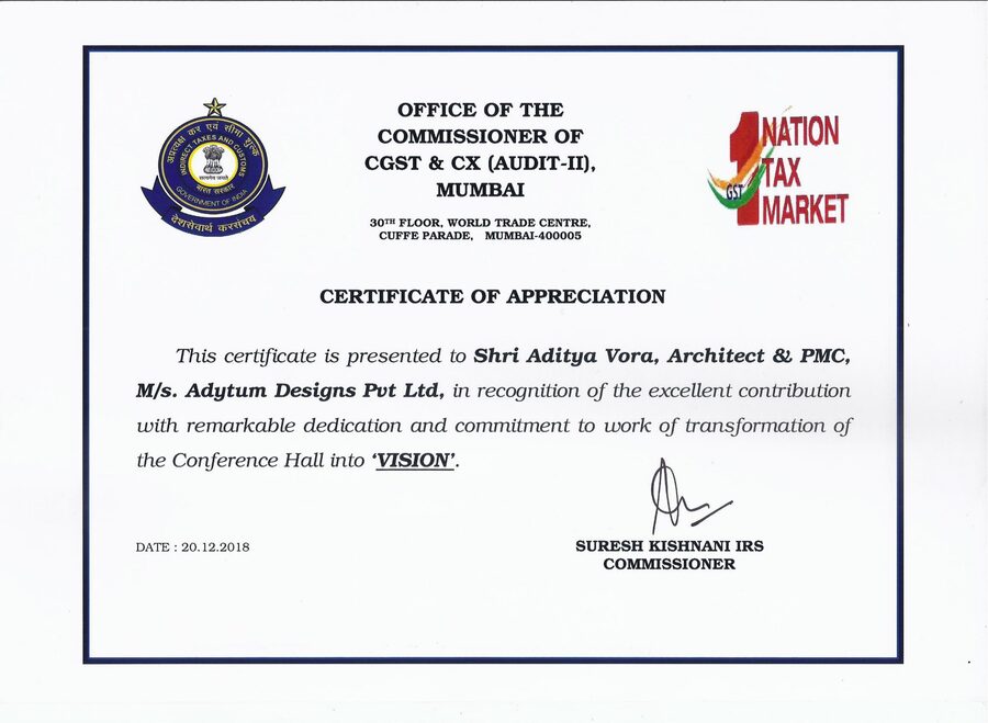 Certificate of Appreciation, Office of the Commissioner of CGST and CX, 2018
